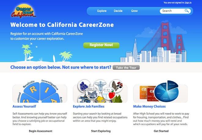 When you enter the CareerZone you will be presented with three primary choices: Assess Yourself, Explore Job Families, and Make Money Choices.
