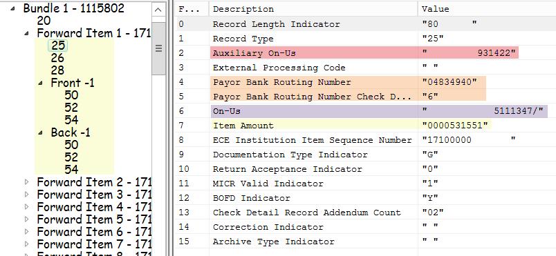 Check Detail Record (Type 25) One record for each check containing: Information from MICR line of check ECE Institution Item Sequence Number Codes to indicate: Type of Documentation associated with