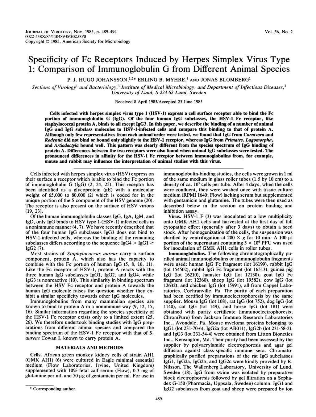 JOURNAL OF VIROLOGY, Nov. 1985, p. 489-494 0022-538X/85/110489-06$02.00/0 Copyright 1985, American Society for Microbiology Vol. 56, No.
