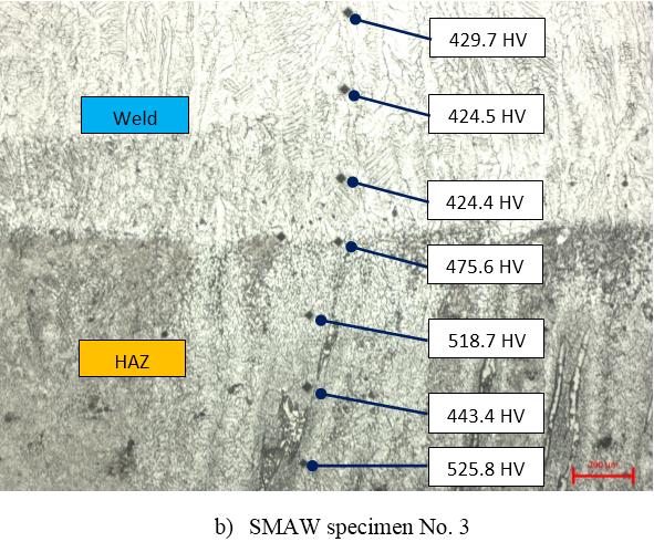 Figure 11. Microstructure of SMAW specimen No.3 at Weld, HAZ, and Base. a) Laser welded specimen No. 1. metals were applied. Test results of micro hardness were graphically depicted in Figure 13.