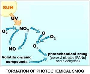 Photochemical Smog formation Brown-air smog Some primary pollutants react under the influence of sunlight (photochemical reaction), including NO x, O 3, PANs. Corrosive, irritating.