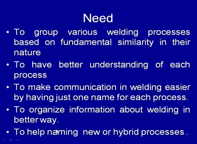 (Refer Slide Time: 04:38) So, as far as need is concern for classifying the welding processes, they have us to group the various processes based on the fundamental similarity in the nature.