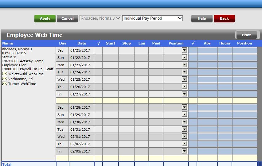 WebTime Entry User Screen Features & Functions 1 2 3 4 5 6 Smith, James 7 1. Apply: Saves any entries, additions, deletions or edits you have made 2.