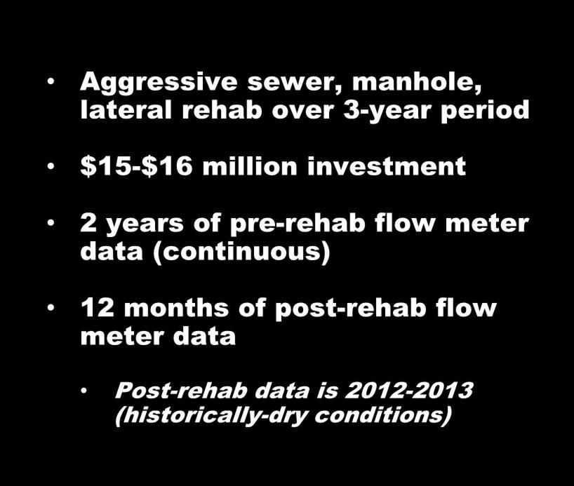 Example 3 Aggressive sewer, manhole, lateral rehab over 3-year period $15-$16 million investment 2 years of pre-rehab flow