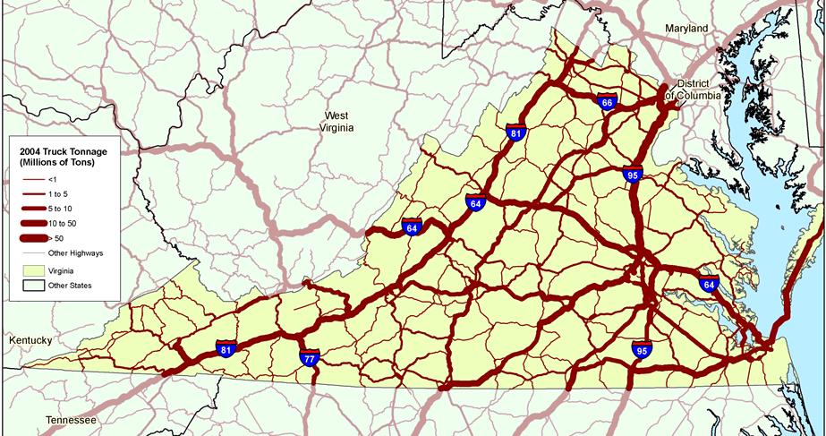 Figure ES.11 Virginia s Inbound/Outbound/Internal Truck Tons 2004 Through truck movements represent around 43 percent of Virginia truck tonnage.