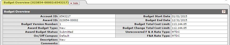 Viewing Award Budget: Budget Versions Tab The Budget Overview panel displays key dates and cost totals,