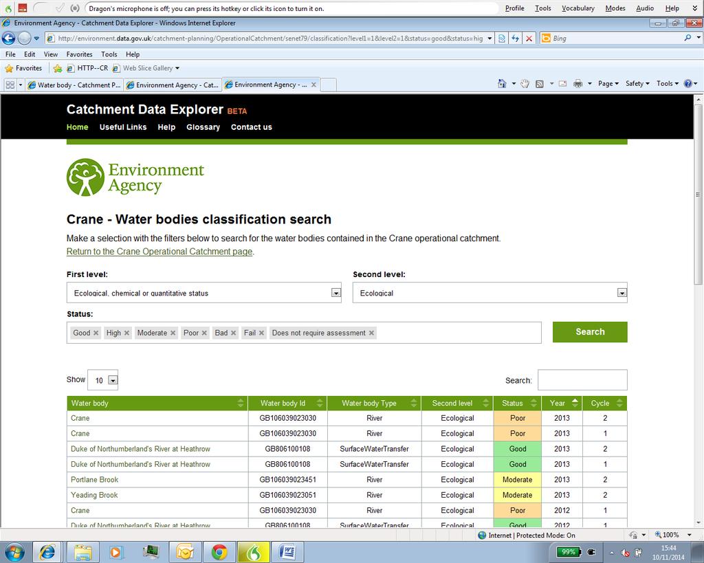 classification search on Catchment Data Explorer at