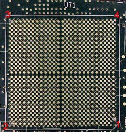 A. Solder balls attached to 270 µm diameter pads Figure 7: This photo shows an example of one of the test board designs, with each of the four reflowed solder ball locations indicated.