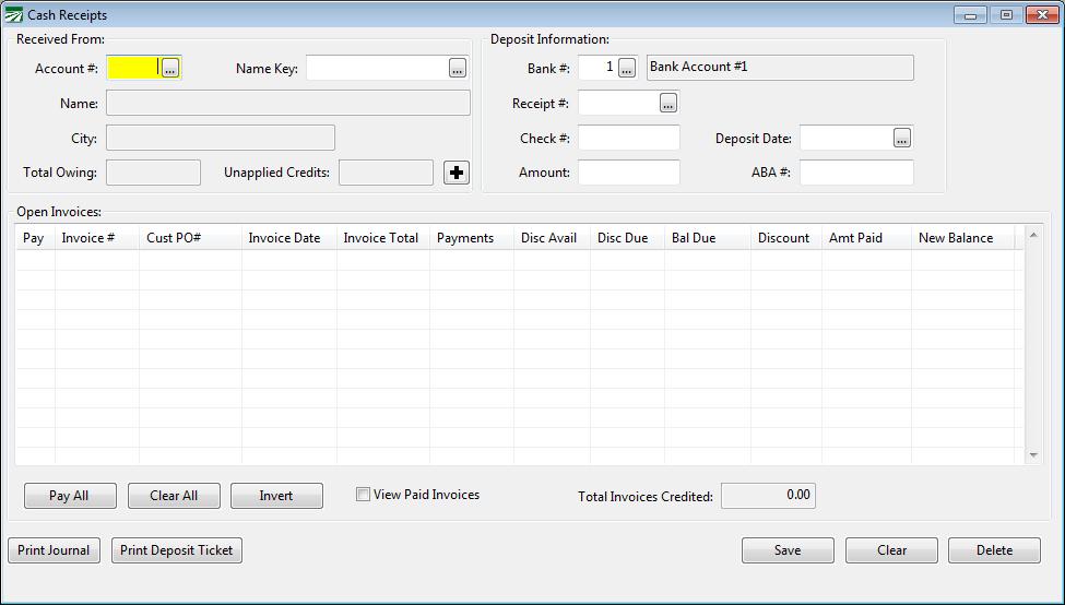Receivable Cash Receipts To enter payments on invoices, go to the Cash Receipts sub-menu on the Receivables menu and select the Receivable Cash Receipts option. The following window will open.