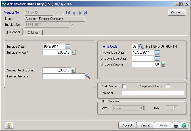 Enter the Credit Card vendor, Invoice Number and total