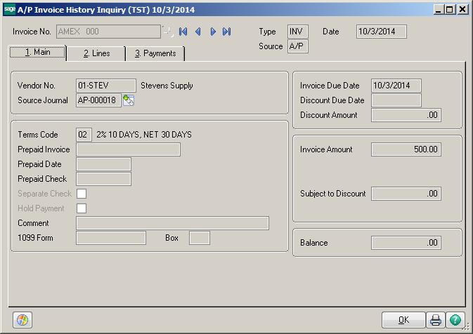 The Invoice History Inquiry window will appear. Click the Lines tab. The G/L Account will show as TRANSFER.