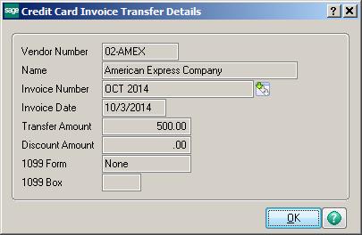 The Credit Card Invoice Transfer Details screen will appear. Select the Credit Card vendor.