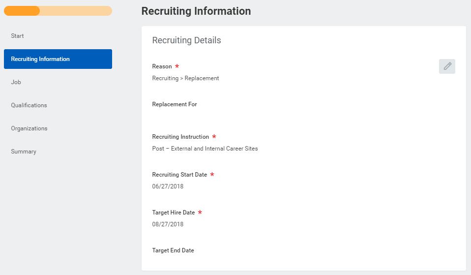 5. Complete the Recruiting Information Screen. The table below contains all fields on this screen and instructions for each. Click Next to continue.