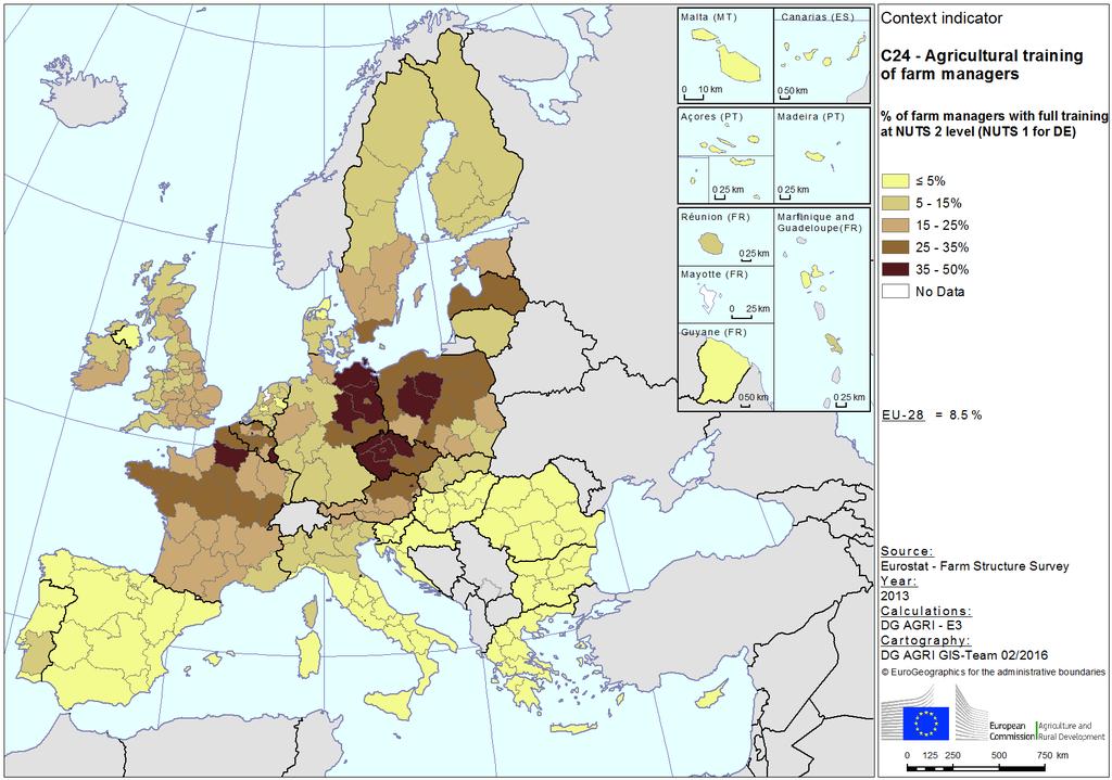 Map 1 - Share of farm managers with full agricultural, 2013 Context indicator 24 - Agricultural of