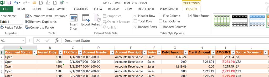 PREPARING YOUR DATA FOR A PIVOT TABLE Export from SmartList or use an Excel Report