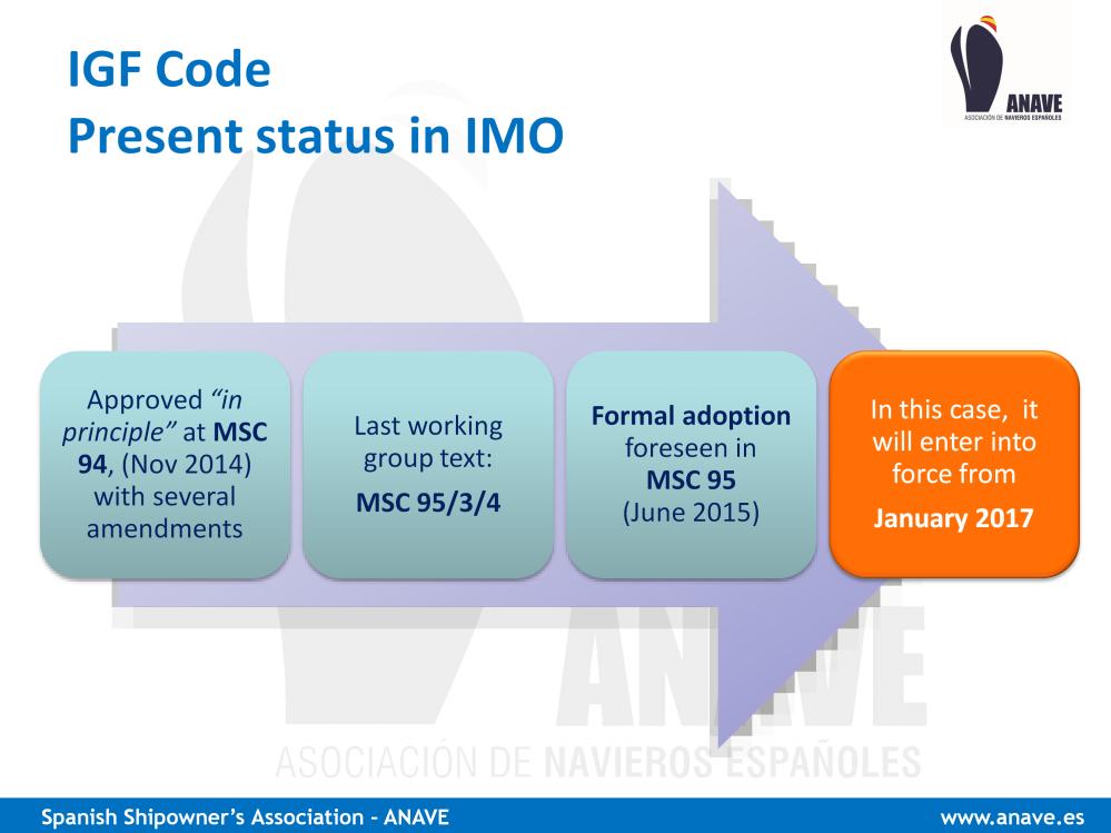 This is the present status of the IGF Code in IMO: It was approved in principle at Maritime Safety Committee 94, (Nov 2014) with several amendments The reference of