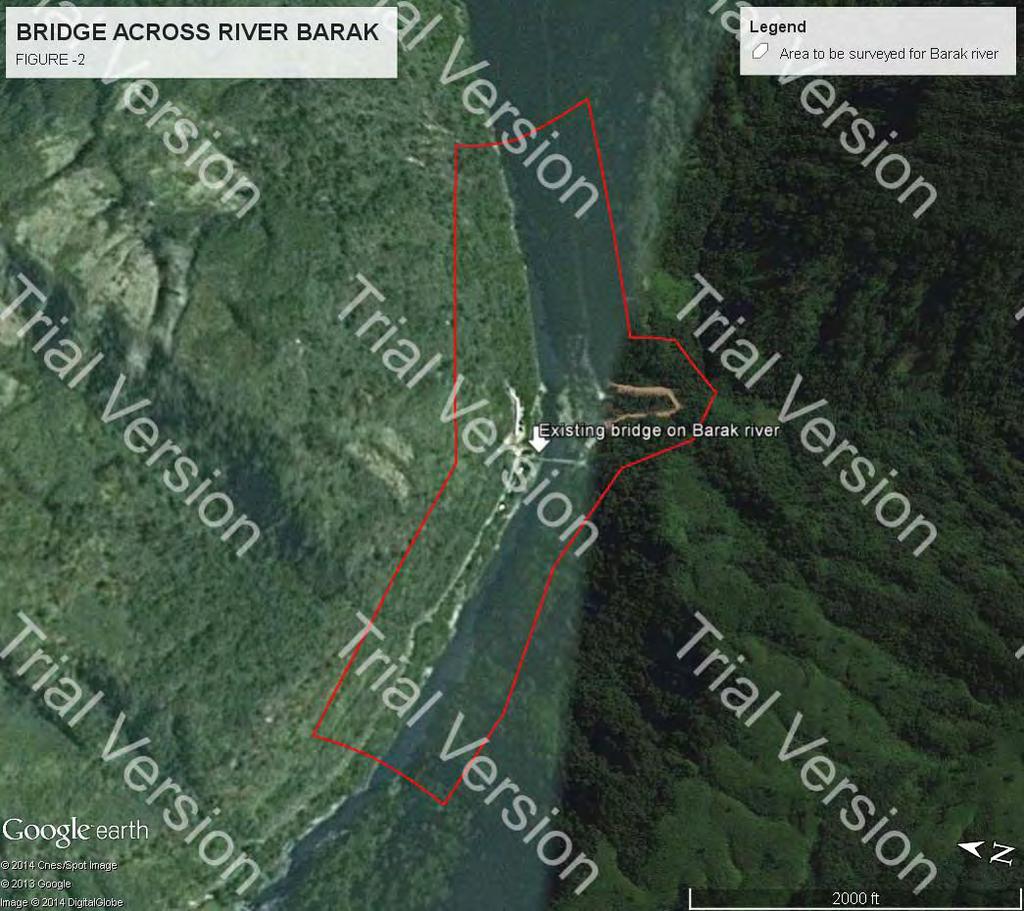 Approximate length of the area to be surveyed from C.L. of existing bridge across river Barak is 0.85 km and 0.85 km toward U/s & D/s of the river respectively.