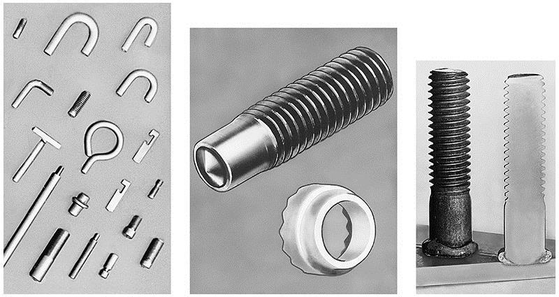 Stud Welding Examples FIGURE 31-17 (Left) Types of studs used for stud welding. (Center) Stud and ceramic ferrule.