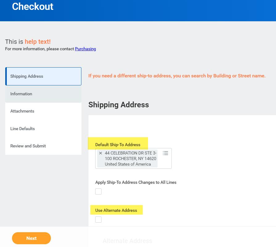The shopping cart contains the lines that have been added Select <Checkout> The checkout section is made up of five sections (tabs) Shipping Address o The default ship to address can be changed to a