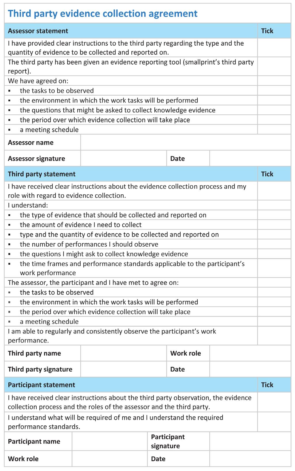 Section 3: Assessment 38 Third party agreement form: RTOs must provide assessors with comprehensive guidance about procedures to follow when selecting a third party.