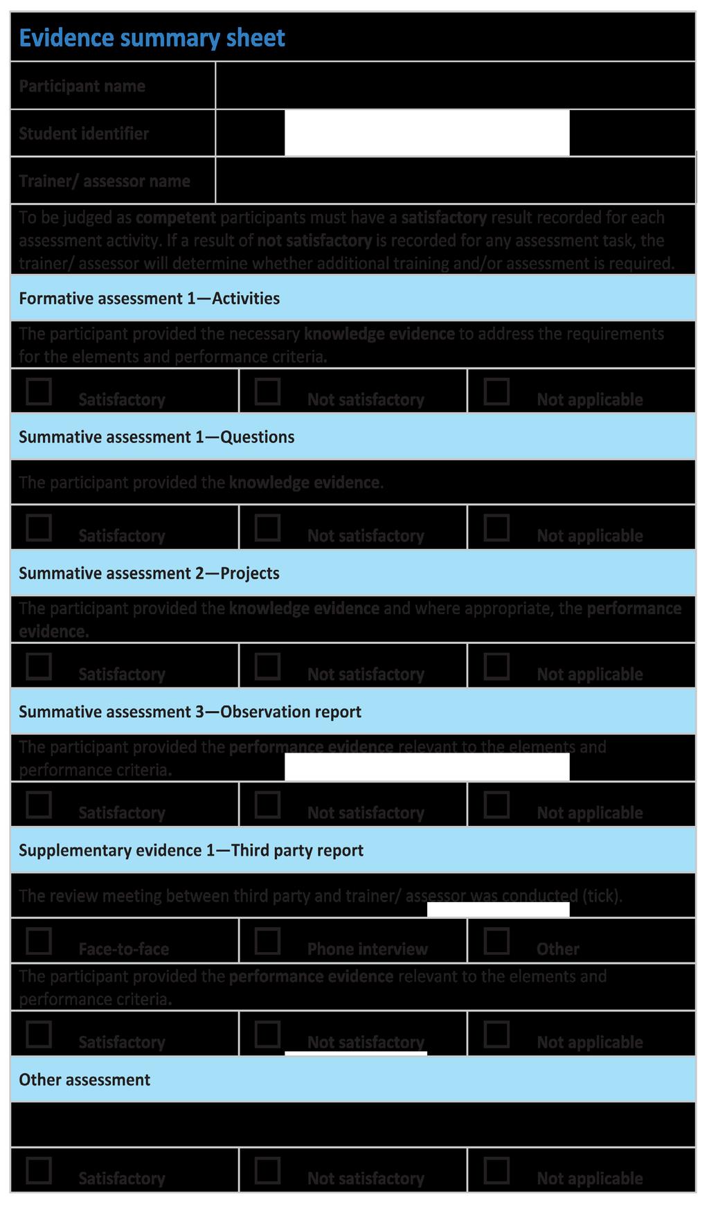Section 3: Assessment 40 Evidence summary sheet: Trainer/ assessors should record the results for each