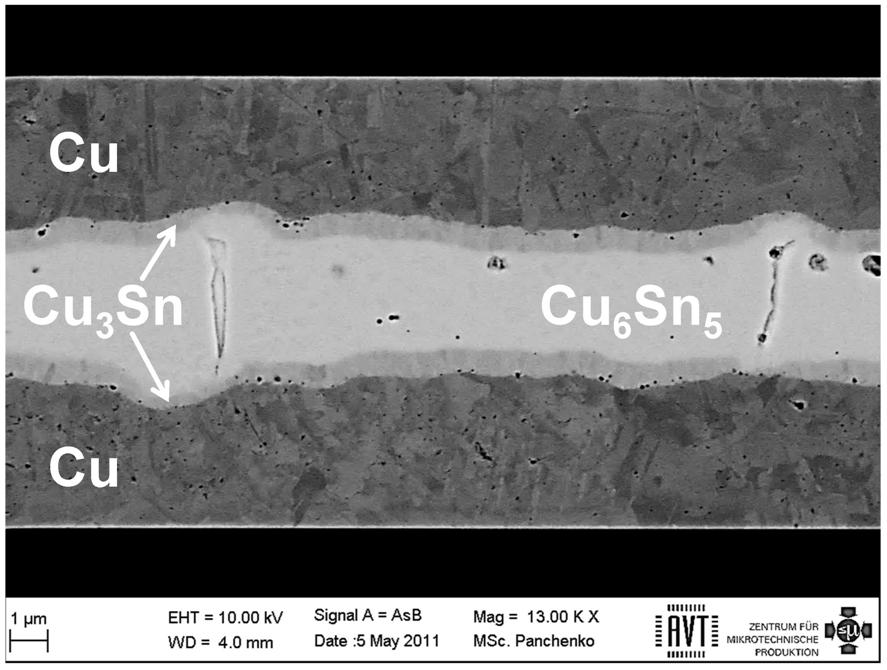 characterisation Backscattered SEM image of the Cu/Sn interconnect