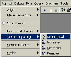 Vertical Spacing.Make Equal (cố định vị trí 2 đối tượng xa nhất theo chiều dọc rồi chỉnh dọc các đối tượng còn lại).