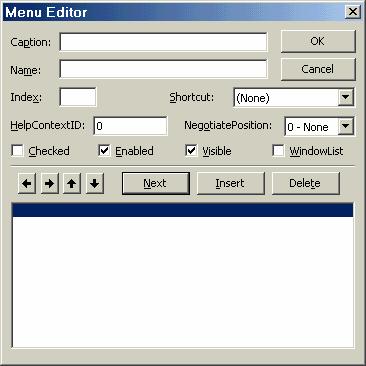 Dùng Menu Editor để thiết kế menu bar VB luôn tạo sẵn 1 mục mới trống ở hàng cuối của danh sách. Thêm 1 phần tử mới là chọn mục mới này và nhập ít nhất 2 thuộc tính Caption và Name của nó.
