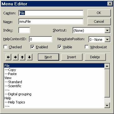 Dùng Menu Editor để thiết kế menu bar (tt) Sau khi đặc tả xong menu, cửa sổ menu editor có dạng như sau.