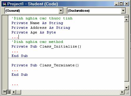 Cửa sổ đặc tả class định nghĩa từng thuộc tính dữ liệu và từng method của class theo cú pháp VB (sẽ được trình bày sau).