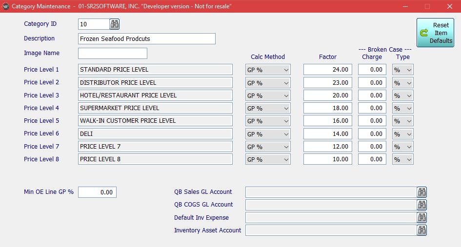 You can setup a price matrix such as: Deli Restaurant Hotel You can set General Ledger accounts to be more specific and select a specific Sales Account and COGS Account General Ledger account instead