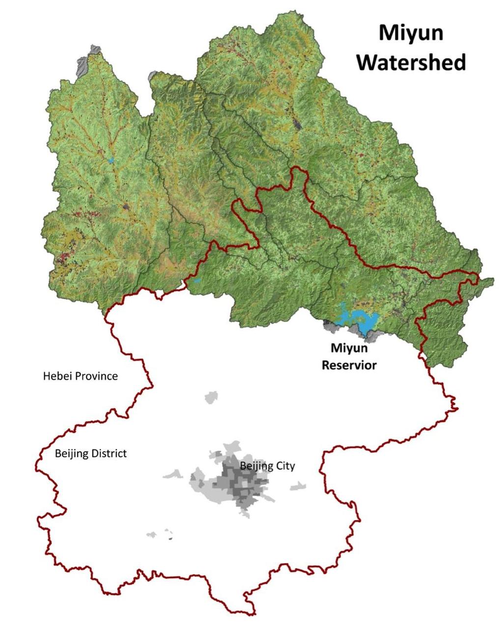 Miyun Watershed Mountainous forest, Great Wall of China Two major river systems 15,800 km 2 (Wales =