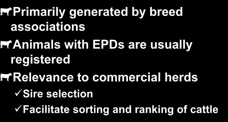Expected Progeny Differences Primarily generated by breed associations Animals with EPDs are