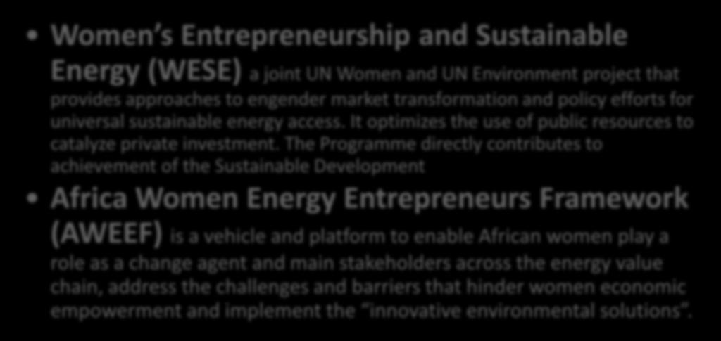 Other PEI and UN Environment Programmatic Interventions Regional Country Women s Entrepreneurship and Sustainable Energy (WESE) a joint UN Women and UN Environment project that provides approaches to