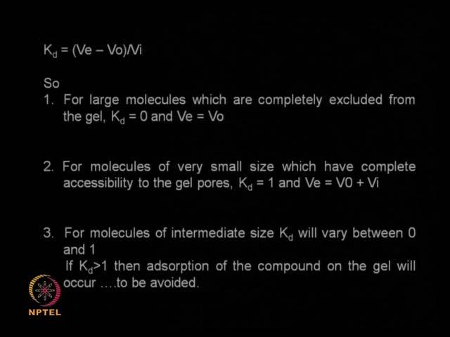(Refer Slide Time: 13:56) Let us again go back to this particular equation, where we said elution volume is a function of a the pore volume and the interstitials volume and the term called K d, that