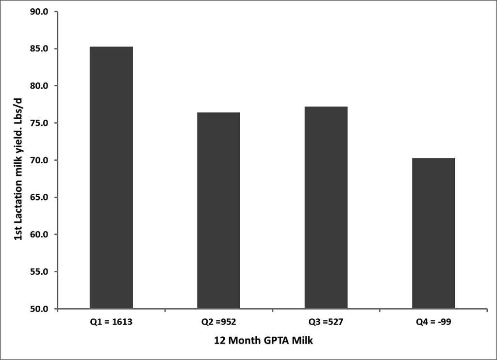 Figure 3. Comparison of GPTA for milk yield of 12-month old Holstein heifers in the UW- Madison herd with actual daily milk yield of the same animals during first lactation.