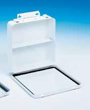 with keyhole slots aid units Interior is open; no partition Meets rigid government specifications Sold without contents Cover opens 90 degrees for use as a Finished with a durable white powder shelf