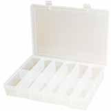 LARGE PLASTIC COMPARTMENT BOXES 13 1/8 W x 9 D x 2 5/16 H 6 Compartment Large Plastic Box Molded from clear polypropylene resin which permits visibility of contents Heavy duty reinforced hinges