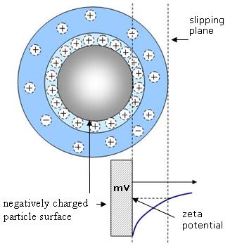 If surface has + charge, then - ions attracted to surface + ions attracted to ions, builds electric double layer