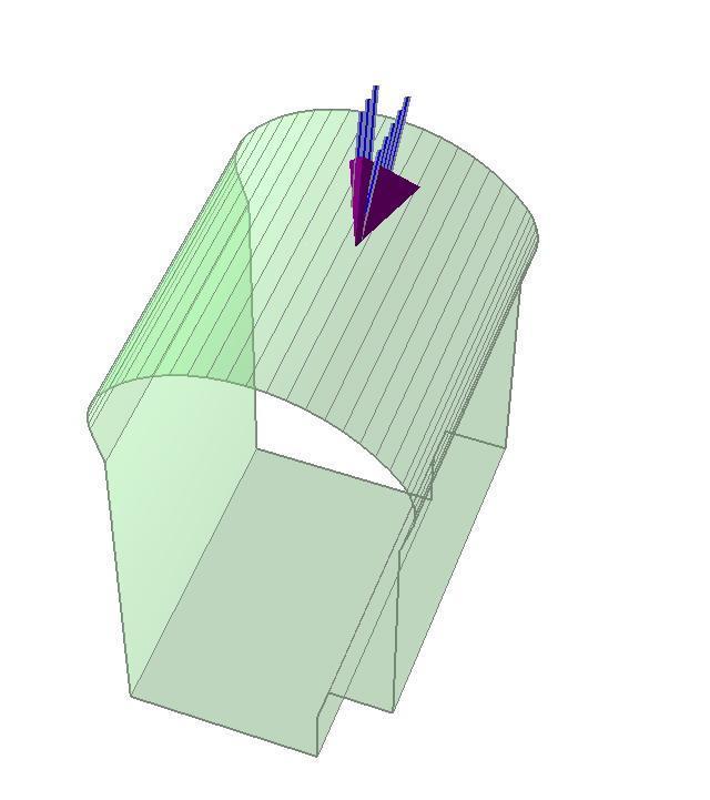 Figure 11: Perspective view of roof wedge in the Rig Grande cavern roof. The size of this wedge has been defined by setting the trace length of the 50/345 joint to 6 m.