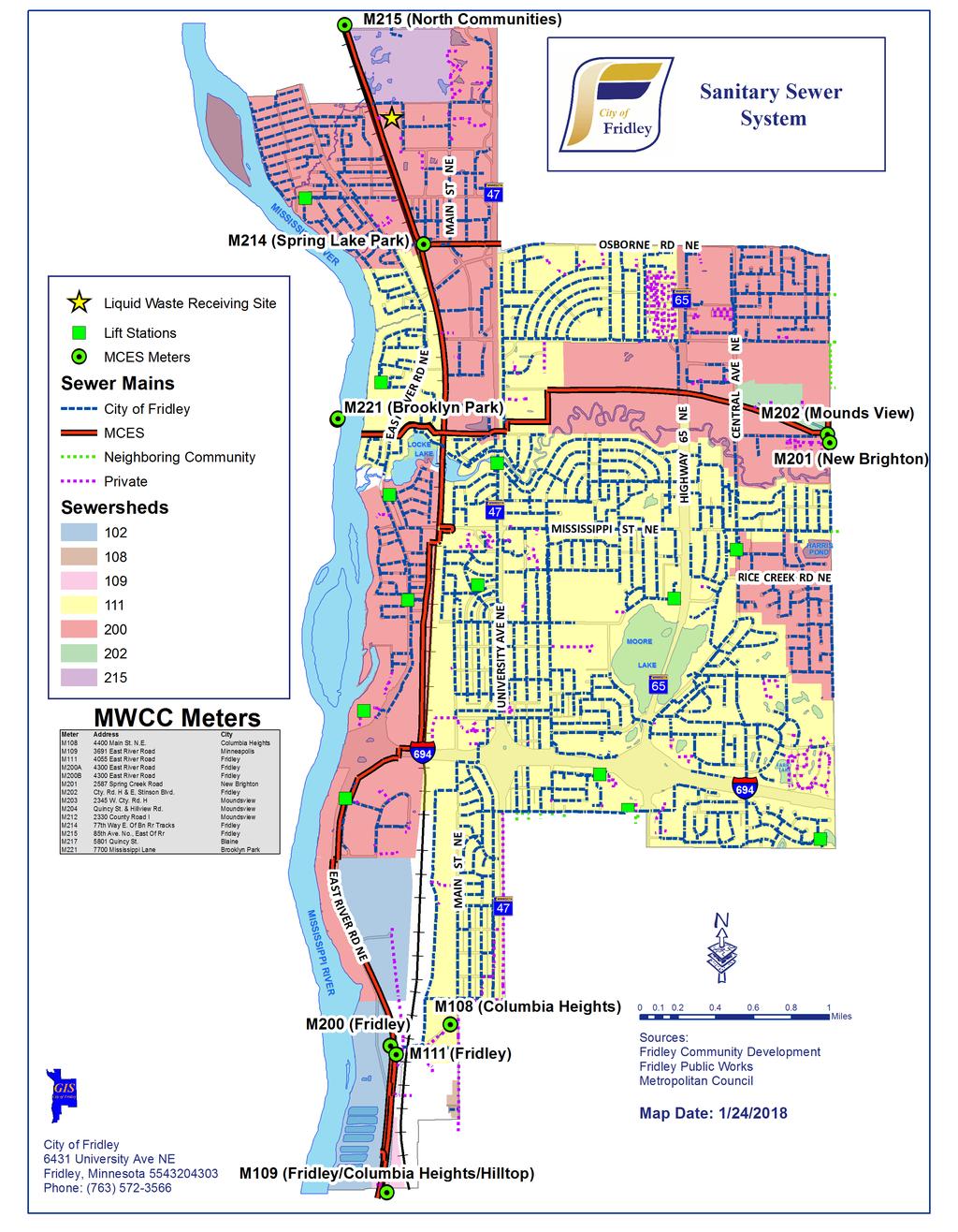 City System The City of Fridley owns and operates a separate sanitary sewer system that consists of approximately 542,750 linear feet of pipe varying in size from 4-inch diameter to 33-inch diameter.