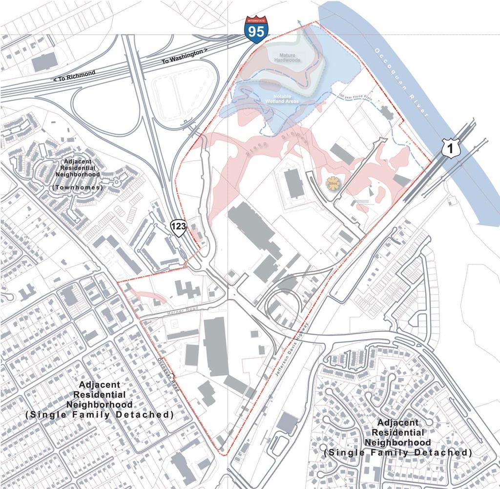 Proposed Plan A mixed-use area with: - A retail Main Street oriented towards the Occoquan River - Medium to high density residential development spread throughout