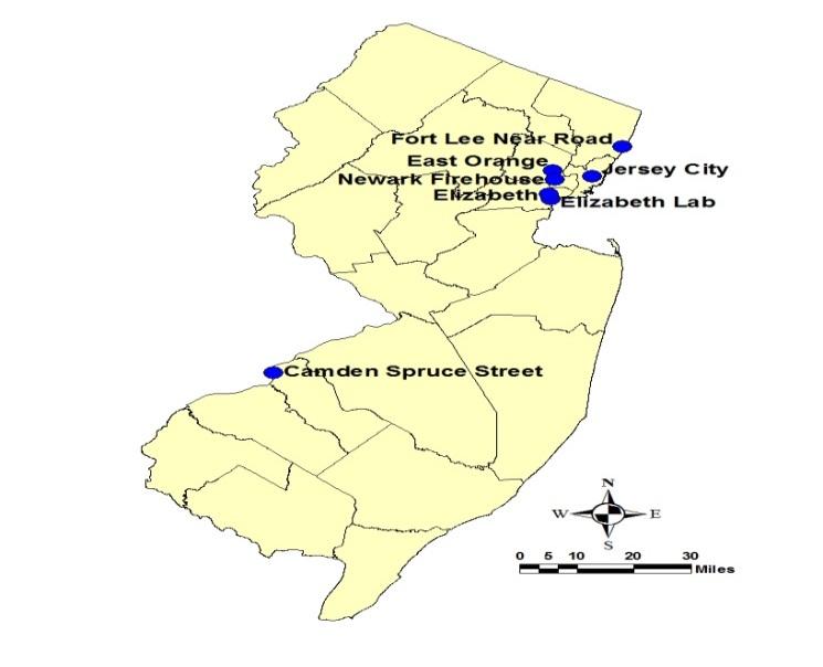CO MONITORING NETWORK The New Jersey Department of Environmental Protection (NJDEP) operated seven CO monitoring stations in 2015. These sites are shown in the map in Figure 8-5.