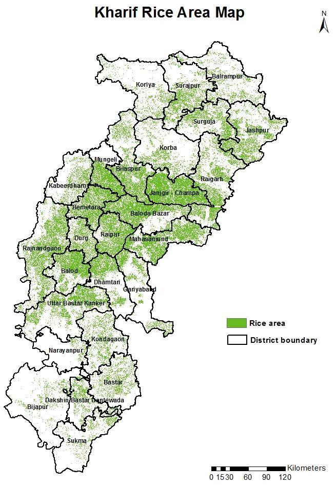 Kharif Rice Area (Chhattisgarh): 2015-16 Total Kharif Rice area (Chhattisgarh): 35.59 Lakh ha Kharif Rice Area District (lakh ha) Balod 1.55 Baloda Bazar 2.19 Balrampur 0.77 Bastar 0.97 Bemetara 1.