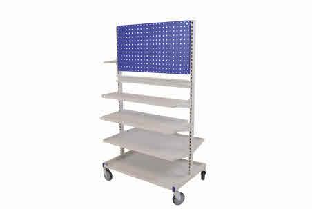 Assembly Trolley For modular accessories, including base shelf and push handle. 4 swivel castors Ø125 mm 2 fitted with brakes. The overall height is measured from the floor.