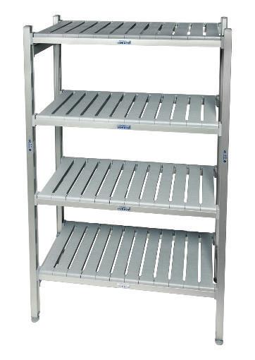 EKO FIT POLYMER SHELVING THE MOST FLEXIBLE SHELVING SYSTEM AVAILABLE, WITH LENGTHS UP TO 2 METRES AND 330 SIZE VARIATIONS Superior strength and hygiene, Load bearing parts are manufactured with high