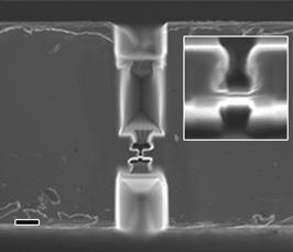 f, SEM image of the sample columns tested and their surrounding platelets (the dimensions are given in the text) separating the samples; the sample gauges had dimensions of 100 nm 100 nm 250 nm.