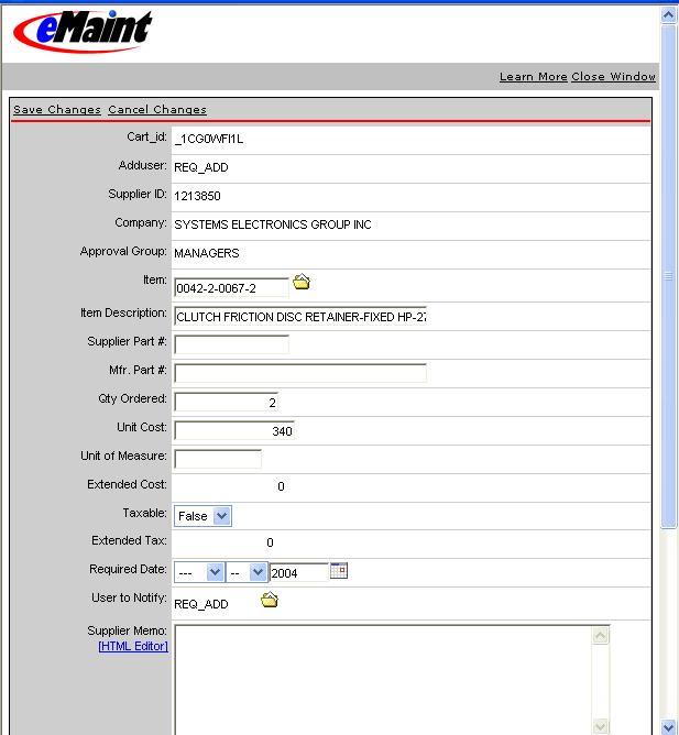 Requisitioning Method of - Once you select the part, information about the part contained in the part detail record will populate to the screen, as shown below.