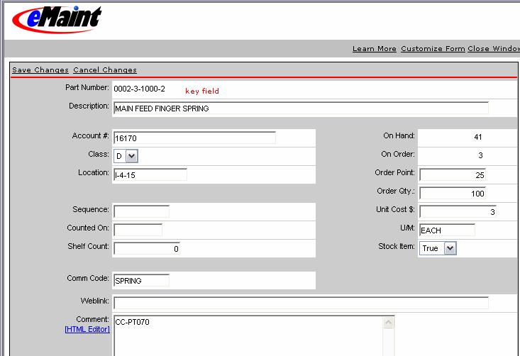 Requisitioning Method of The add form contains all of the fields made available for the part. The key field for Inventory Parts is Item No., and it can contain no more than 15 characters.