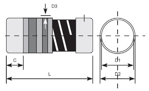 MELF Resistor Dimensions Style A (0102) B (0204) C (0207) D (0309) Dimension (mm) L D1 D2 Max. D3 Max. C Min. 2.0±0.1 3.